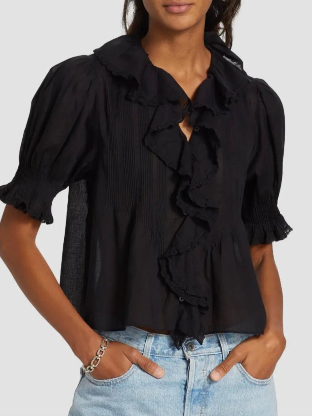 Dôen - Henri Ruffled Black Blouse Top size Large